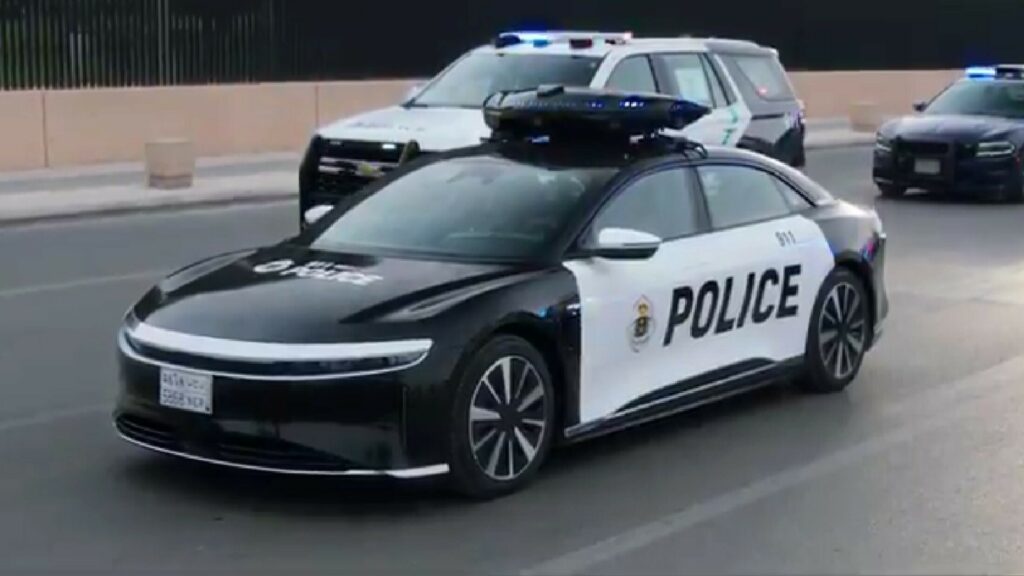     Lucid Air Police vehicle unveiled in Saudi Arabia with a drone on the roof